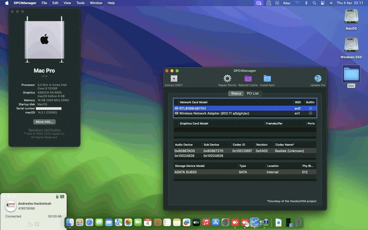 Success Hackintosh macOS Sonoma 14.3.1 Build 23D60 in Hose Lexa Gaming B660 Pro DDR4 + Intel Core i3 12100F + Asrock RX 6600